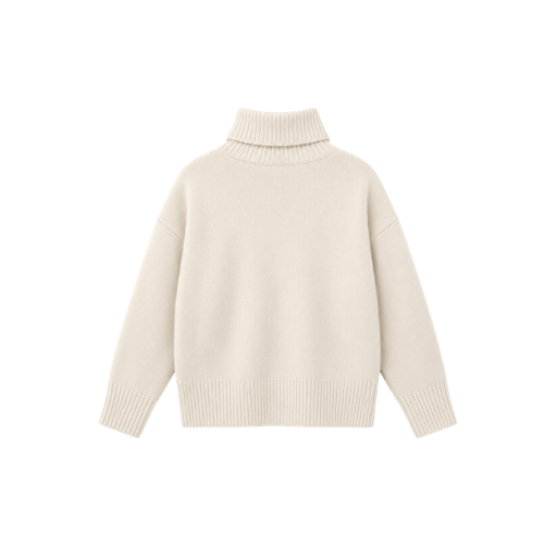 Women's Cream Wide Ribbed Turtleneck Knit Sweater