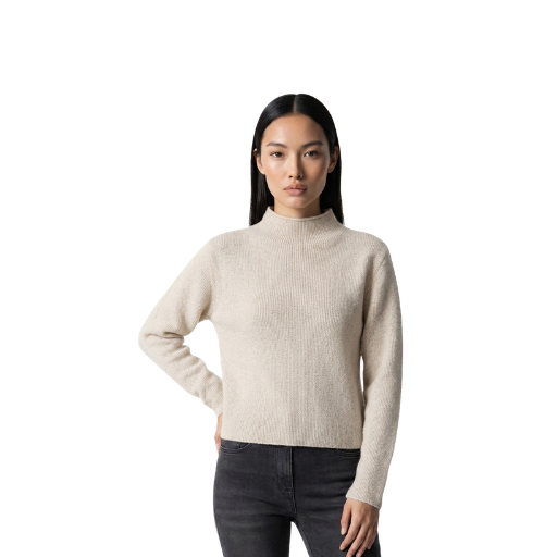 Women's Beige Ribbed Mock Neck Knit Sweater - Image 2